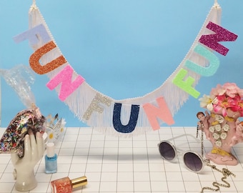Fun Fun Fun Fringe Banner | party banner, kids wall decor, decor banner, birthday party banner, fringe wall hanging, glitter letter banner