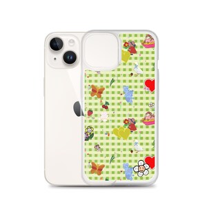 Favorites (vintage stickers on green gingham) iPhone Case | vintage inspired iphone case, fruit iphone case, cute iphone case, decals