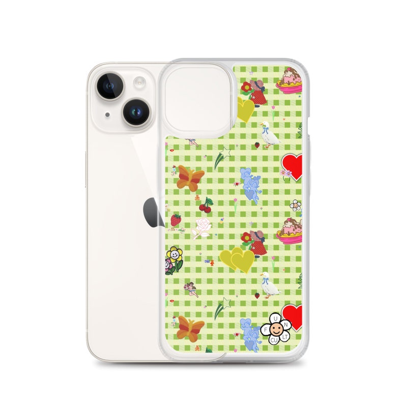Favorites (vintage stickers on green gingham) iPhone Case | vintage inspired iphone case, fruit iphone case, cute iphone case, decals