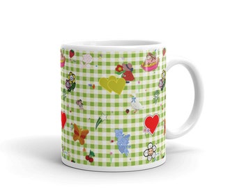 Favorites (with green gingham) Mug | kitsch coffee mug, vintage inspired dishware, vintage stickers, gingham mug, cute mug