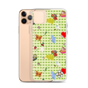 Favorites (vintage stickers on green gingham) iPhone Case | vintage inspired iphone case, fruit iphone case, cute iphone case, decals