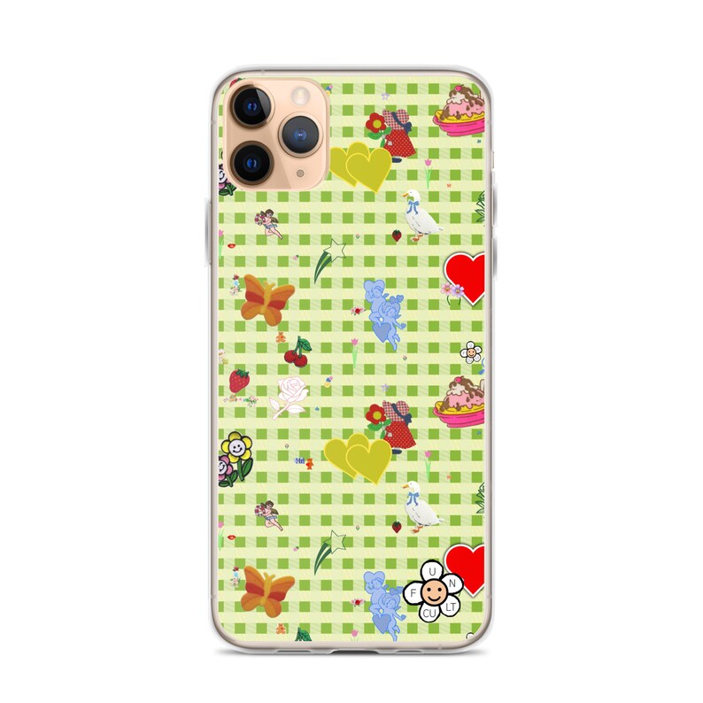 Favorites (vintage stickers on green gingham) iPhone Case | vintage inspired iphone case, fruit iphone case, cute iphone case, decals