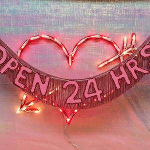 Open 24 Hrs Glittering Fringe Banner | 24/7 sign, fringe banner, dorm decor, neon sign inspired, open sign, funny banner, decor banner