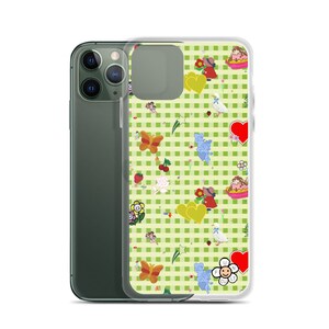 Favorites (vintage stickers on green gingham) iPhone Case | vintage inspired iphone case, fruit iphone case, cute iphone case, decals