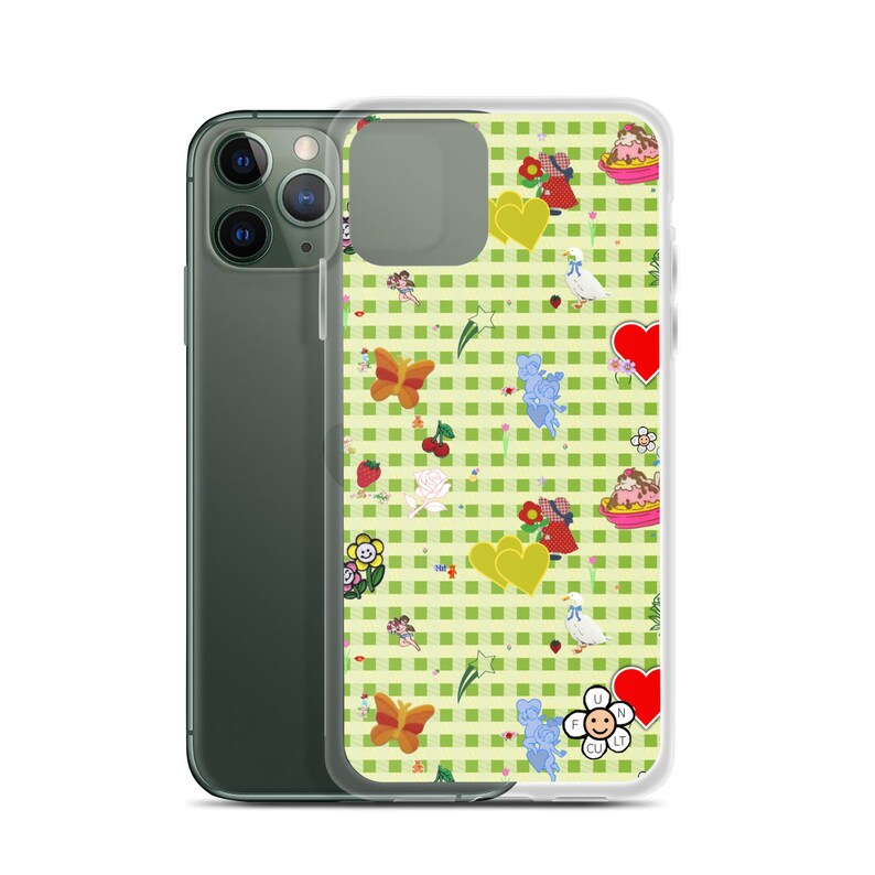 Favorites (vintage stickers on green gingham) iPhone Case | vintage inspired iphone case, fruit iphone case, cute iphone case, decals