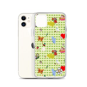 Favorites (vintage stickers on green gingham) iPhone Case | vintage inspired iphone case, fruit iphone case, cute iphone case, decals