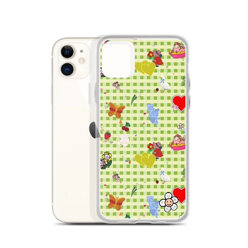 Favorites (vintage stickers on green gingham) iPhone Case | vintage inspired iphone case, fruit iphone case, cute iphone case, decals