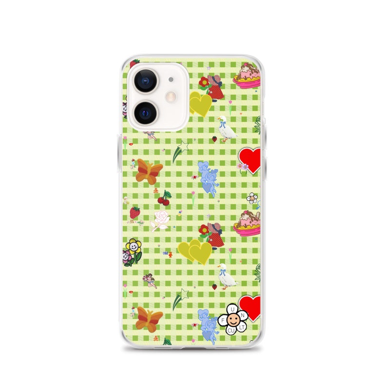 Favorites (vintage stickers on green gingham) iPhone Case | vintage inspired iphone case, fruit iphone case, cute iphone case, decals