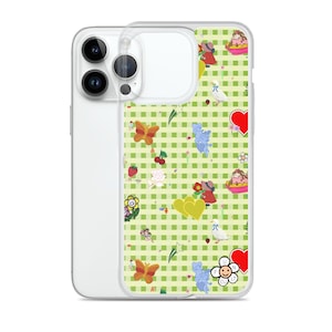 Favorites (vintage stickers on green gingham) iPhone Case | vintage inspired iphone case, fruit iphone case, cute iphone case, decals