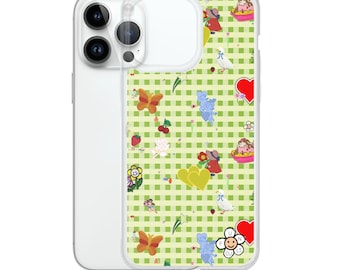 Favorites (vintage stickers on green gingham) iPhone Case | vintage inspired iphone case, fruit iphone case, cute iphone case, decals