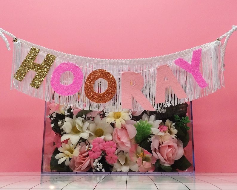 Hooray Fringe Banner glitter party banner, glitter letters, banner wall hanging, birthday banner, wedding banner, tassel banner, cake sign image 2