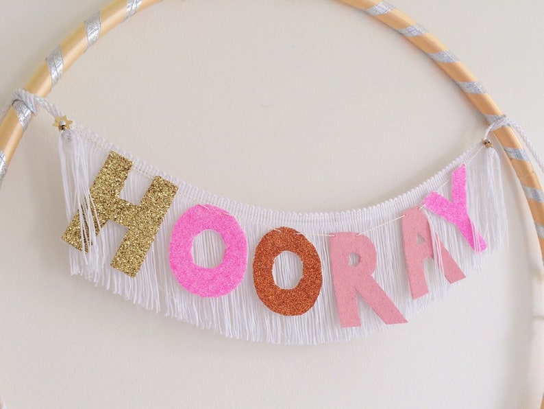 Hooray Fringe Banner glitter party banner, glitter letters, banner wall hanging, birthday banner, wedding banner, tassel banner, cake sign image 1