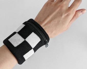 Kingdom Hearts Roxas Wristband Checkered Large Black White Square With Zipper Pocket Cosplay Accessory Stretchy Knit Fabric Athlete Sports