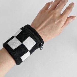 Kingdom Hearts Roxas Wristband Checkered Large Black White Square With Zipper Pocket Cosplay Accessory Stretchy Knit Fabric Athlete Sports