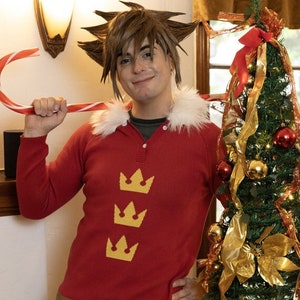 Christmas Town Sweater Kingdom Hearts Cosplay Costume Sora Hoodie Jacket Santa Holiday Red Fur Cap Hood