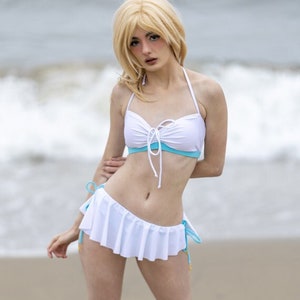 Kingdom Hearts Namine Swim Suit Bathing Suit Cosplay Costume Two Piece Beach Summer Wear Womens Bikini White Blue Skirt Swimwear KH3