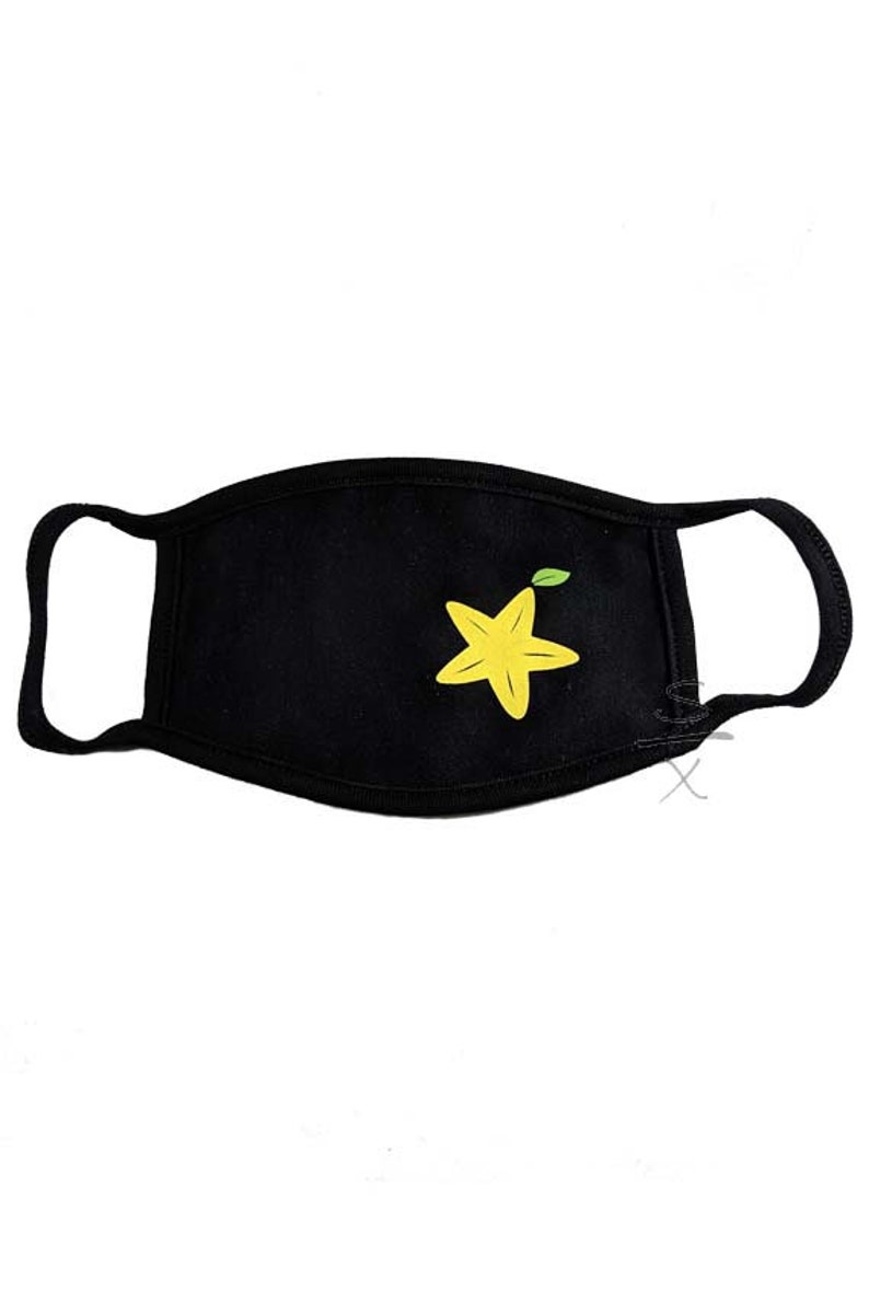 May include: Black face mask with a yellow starfruit design.