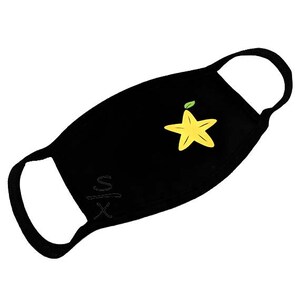 May include: Black face mask with a yellow starfruit design and the word "six" written on the side.