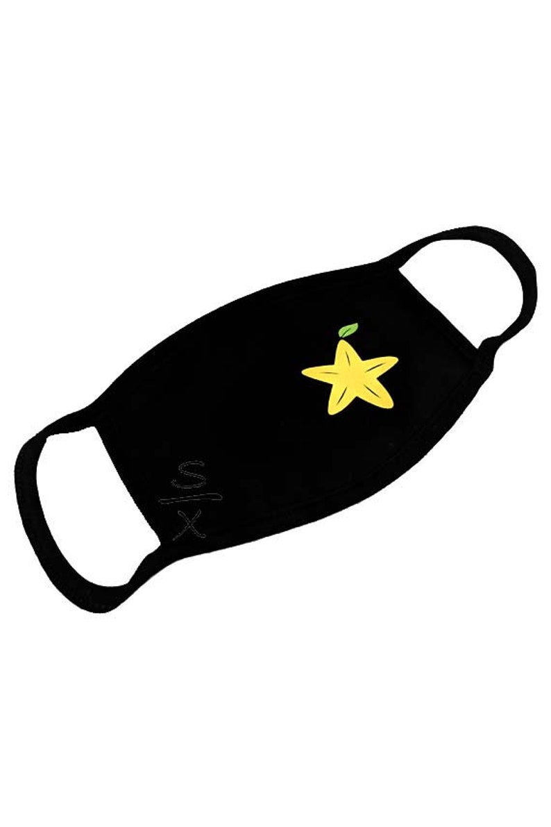 May include: Black face mask with a yellow starfruit design and the word "six" written on the side.
