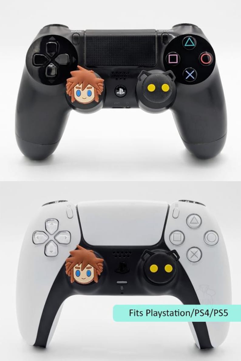 May include: Two game controllers, one black and one white, each with character-themed thumb grips. The black controller has Sora and Heartless designs. The white controller has the same designs. Text on the image reads "Fits Playstation/PS4/PS5".