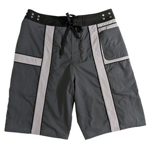 May include: Gray and black swim trunks with white reflective stripes and a black drawstring. The trunks have a pocket on the right side.