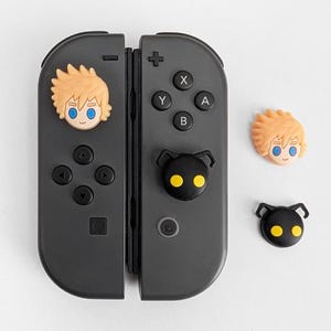 以下が含まれることがあります： グレーのニンテンドースイッチ本体に、キャラクターをモチーフにしたボタンキャップが2つ付いている。1つのキャップは青い目をした金髪のキャラクター、もう1つのキャップは黄色い目をした黒いキャラクターが描かれている。