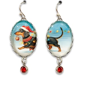 Mismatched Dachshund Christmas Earrings, Festive Wiener Dog Wrapped in Lights w Santa Hat Winter Dachshund Earrings, Christmas Dog Earrings