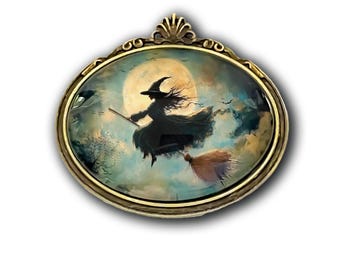Victorian Inspired Witch Brooch, Vintage Inspired Witch Flying Over Full Moon Pin, Halloween Brooch, Halloween Jewelry, Halloween Gift