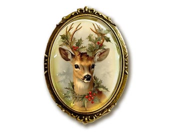 Victorian Inspired Deer Brooch, Santa&#39;s Reindeer Pin, Christmas Brooch, Christmas Pin, Winter Jewelry, Holiday Jewelry, Office Gift Idea