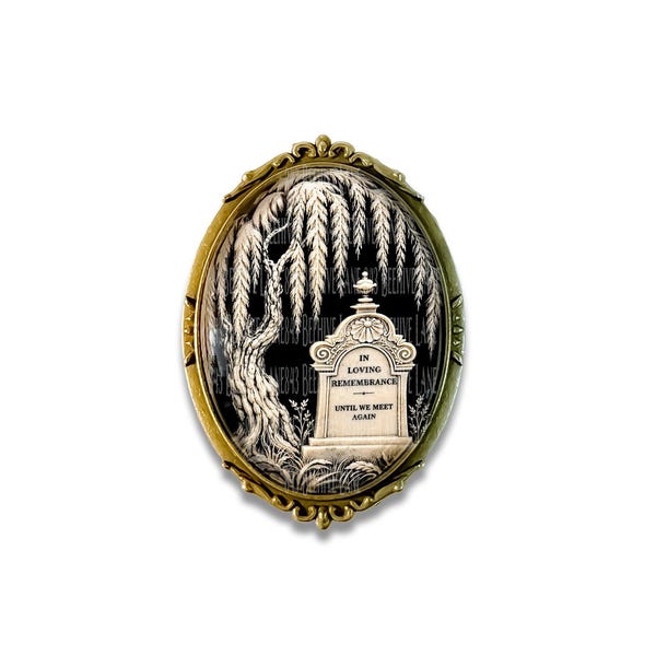 Victorian Inspired Mourning Brooch - Mourning Image Under Glass -  Weeping Willow Graveyard Pin