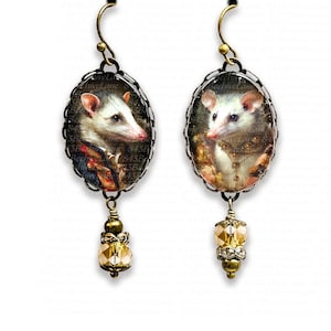 Mismatched Opossum Portrait Earrings: Victorian Inspired Jewelry
