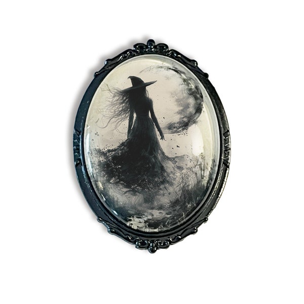 Witch Brooch, Witch Pin, Witch Silhouette Brooch, Modern Witch Jewelry, Waxing Moon Pin, Samhain Brooch, Halloween Brooch, Halloween Gift