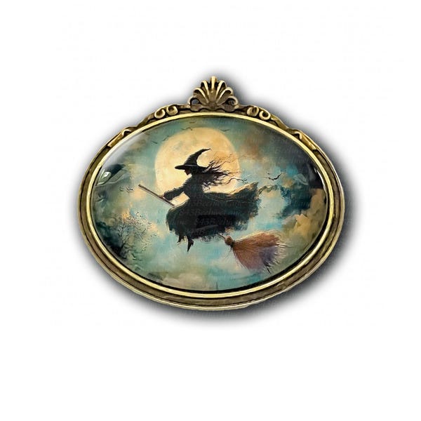 Victorian Inspired Witch Brooch: Antiqued Bronze Tone Flying Witch Over Moon Halloween Pin