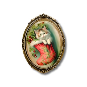 Kitten in Stocking Brooch, Vintage Inspired Christmas Cat Pin, Christmas Brooch, Victorian Style Holiday Cat in Stocking Pin, Office Gift