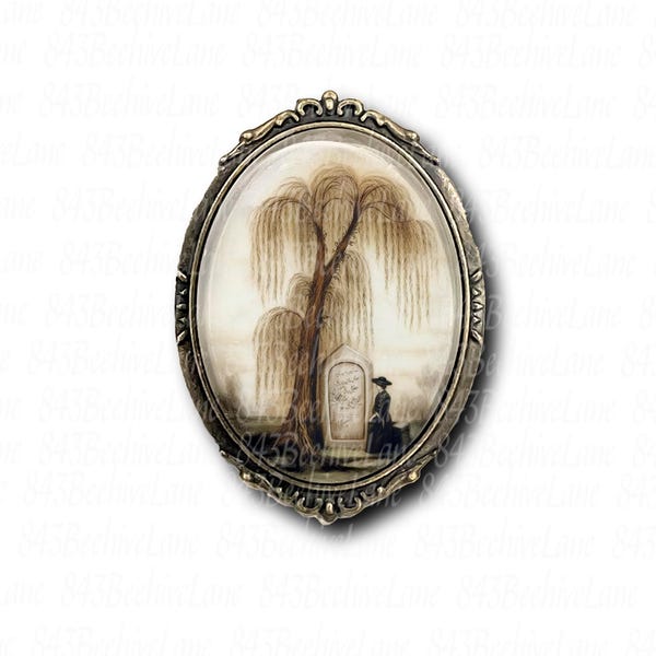 Victorian Inspired Mourning Brooch: Weeping Willow, Tombstone Pin