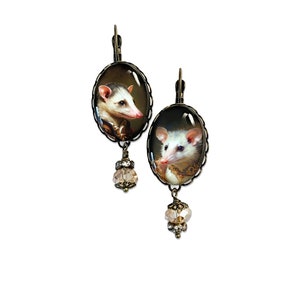 Mismatched Opossum Earrings, Lady and Gentleman Opossum Earrings, Victorian Inspired Opossum Portrait Jewelry, Vintage Inspired Opossum