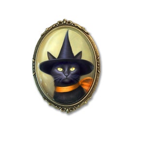 Black Cat Brooch, Black Cat Pin, Vintage Inspired Cat in a Witch&#39;s Hat, Halloween Jewelry, Halloween Pin, Witch Brooch, Halloween Brooch