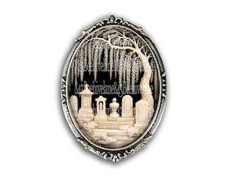 Victorian Inspired Mourning Brooch - Mourning Image Under Glass -  Weeping Willow Graveyard Pin