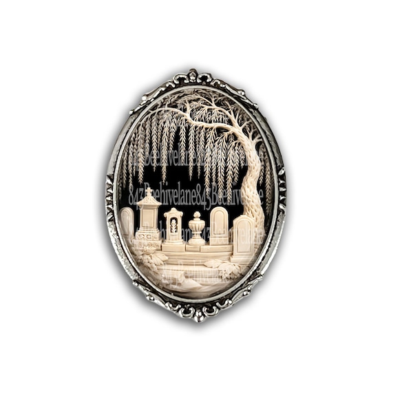 Victorian Inspired Mourning Brooch - Mourning Image Under Glass -  Weeping Willow Graveyard Pin