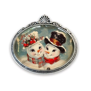 Vintage Inspired Snowman Brooch, Retro Snowman Pin, Cute Snowman Couple Brooch, Christmas Brooch, Winter Jewelry, Office / Secret Santa Gift