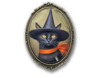 Black Cat Brooch, Black Cat Pin, Vintage Inspired Cat in a Witch's Hat, Halloween Jewelry, Halloween Pin, Witch Brooch, Halloween Gift Idea