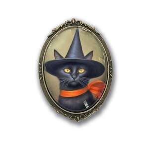 Black Cat Brooch, Black Cat Pin, Vintage Inspired Cat in a Witch's Hat, Halloween Jewelry, Halloween Pin, Witch Brooch, Halloween Gift Idea