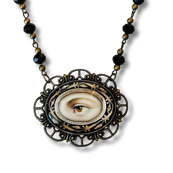 Lover's Eye Necklace, Georgian / Victorian Inspired Necklace with Beaded Rosary Chain In Black and Brass, Lover's Eye Jewelry, Eye Pendant