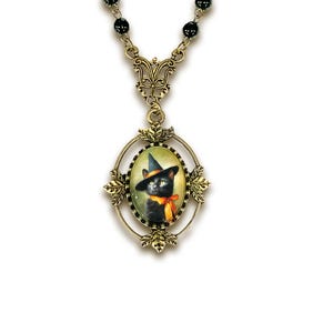 Black Cat Necklace, Black Cat Pendant, Vintage Inspired Cat in Witch&#39;s Hat, Halloween Jewelry, Halloween Necklace, Beaded Halloween Necklace