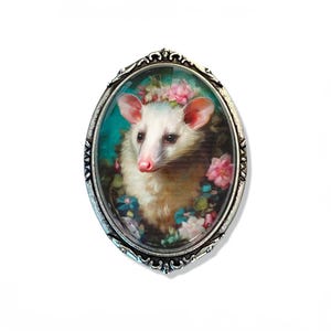 Victorian Style Opossum Portrait Brooch: Antiqued Silver Tone  Possum Pin