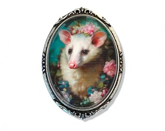 Victorian Style Opossum Portrait Brooch: Antiqued Silver Tone  Possum Pin