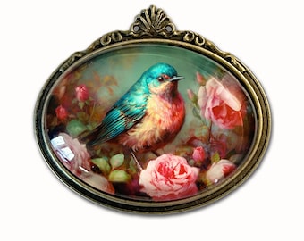 Bluebird and Rose Brooch, Bluebird Pin, Bluebird Jewelry, Victorian Style Rose Brooch, Mothers Day Gift, Bird Brooch, Bluebird of Happiness