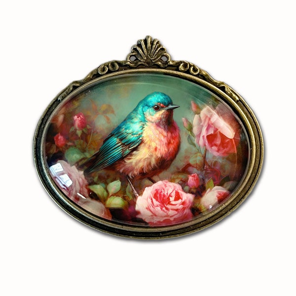 Bluebird and Rose Brooch, Bluebird Pin, Bluebird Jewelry, Victorian Style Rose Brooch, Mothers Day Gift, Bird Brooch, Bluebird of Happiness