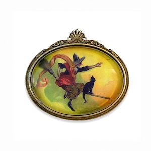 Victorian Inspired Witch Brooch, Vintage Inspired Flying Witch and Black Cat Pin, Halloween Brooch, Halloween Postcard Brooch,Halloween Gift
