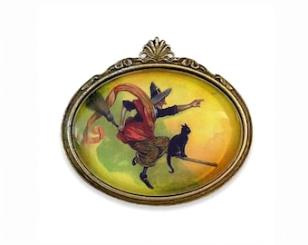 Victorian Inspired Witch Brooch, Vintage Inspired Flying Witch and Black Cat Pin, Halloween Brooch, Halloween Postcard Brooch,Halloween Gift